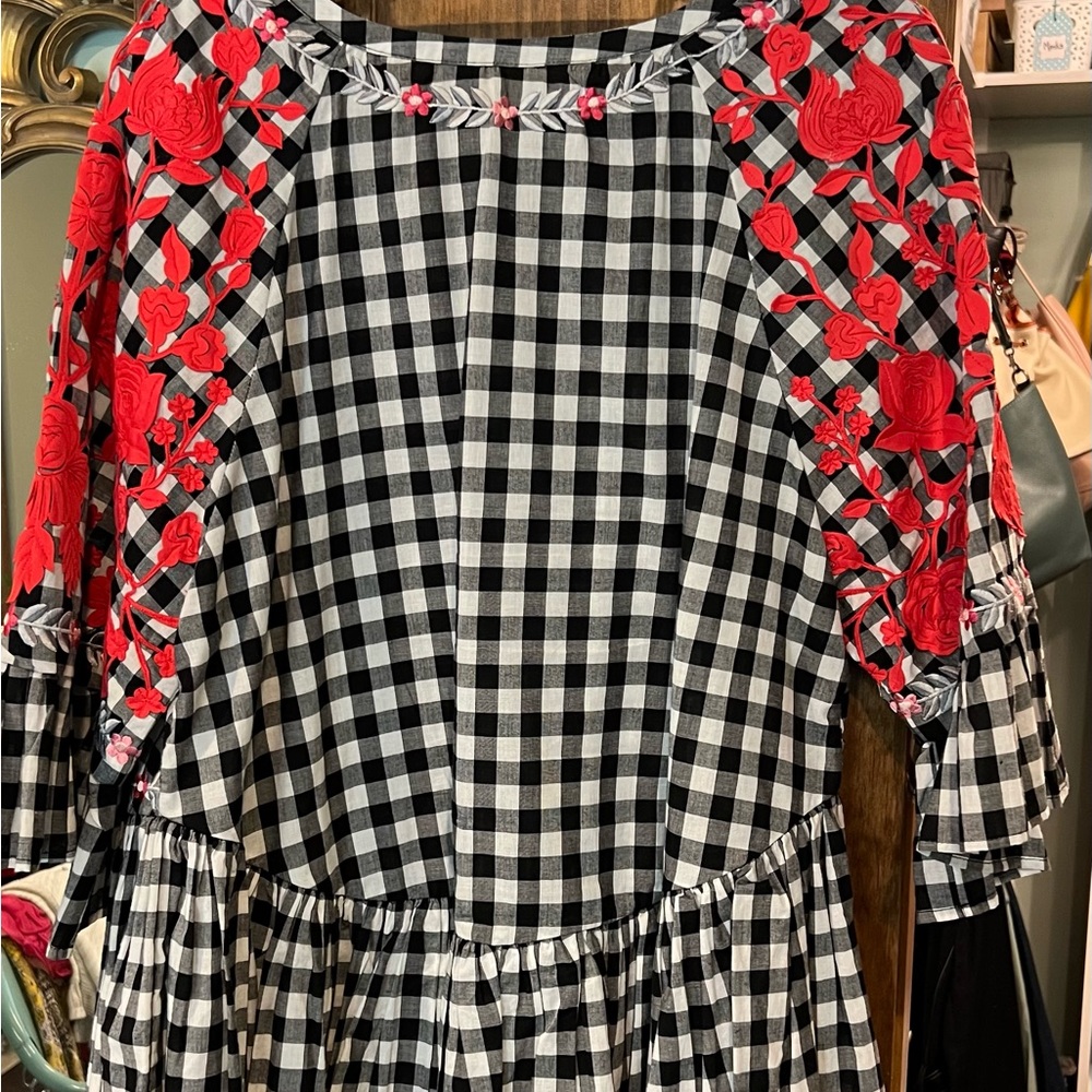Anthropologie XL black and white check peplum top with Appliqué Detail